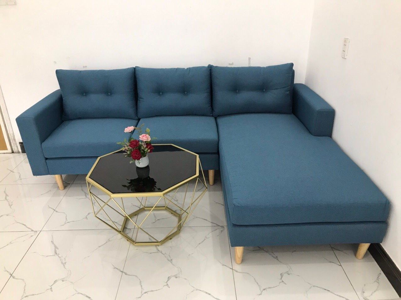 Bộ bàn ghế sofa góc 2m2 x 1m6 màu xanh dương nhỏ gọn