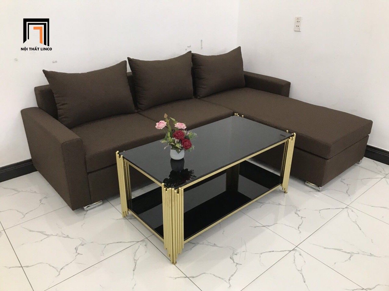 Bộ ghế sofa góc L 2m2 x 1m6 cho phòng khách nâu đậm