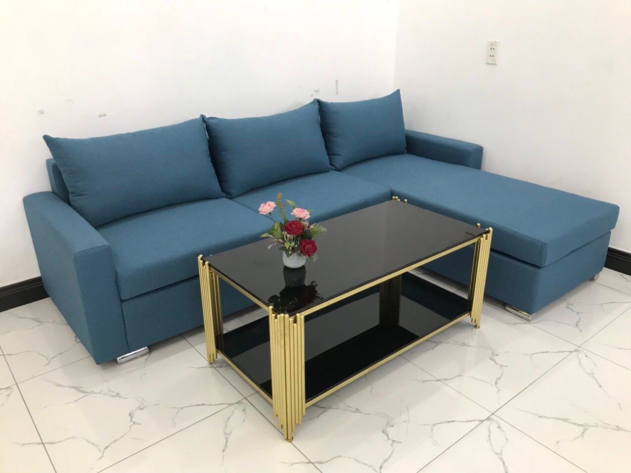 Bộ ghế sofa góc L 2m2 x 1m6 thư giãn xanh dương