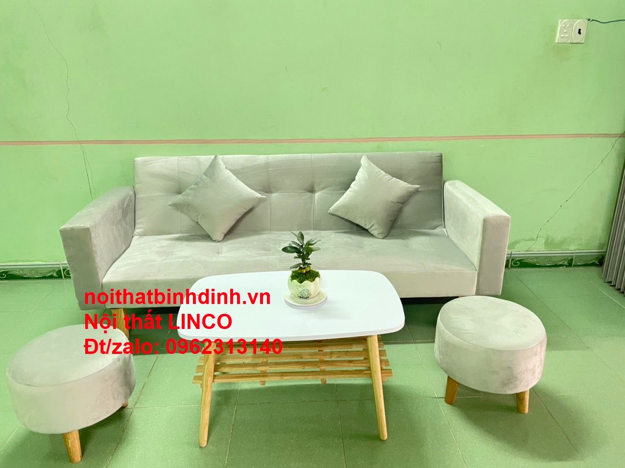 Bộ ghế sofa giá rẻ thông minh BTV 2m xám tro vải nhung