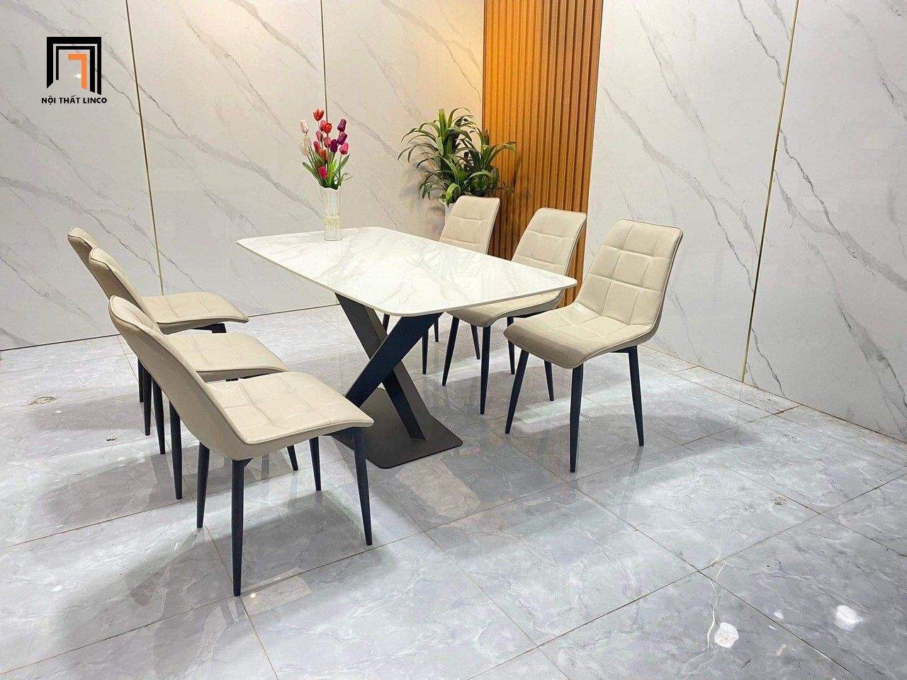 Bàn ăn 6 ghế da giả 26-BAD6-G6-B70 bàn mặt đá trắng 1m4 1m6