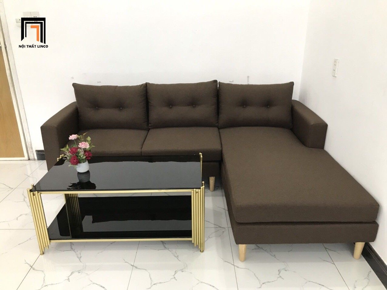 Bộ bàn ghế sofa góc 2m2 x 1m6 phòng khách gia đình nâu đậm