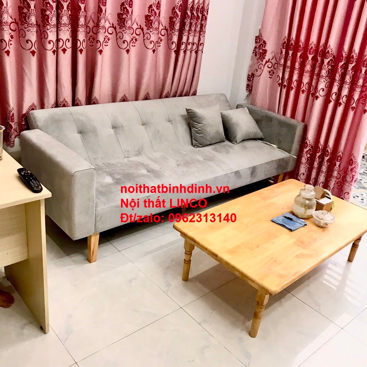 Bộ ghế sofa giá rẻ thông minh BTV 2m xám tro vải nhung