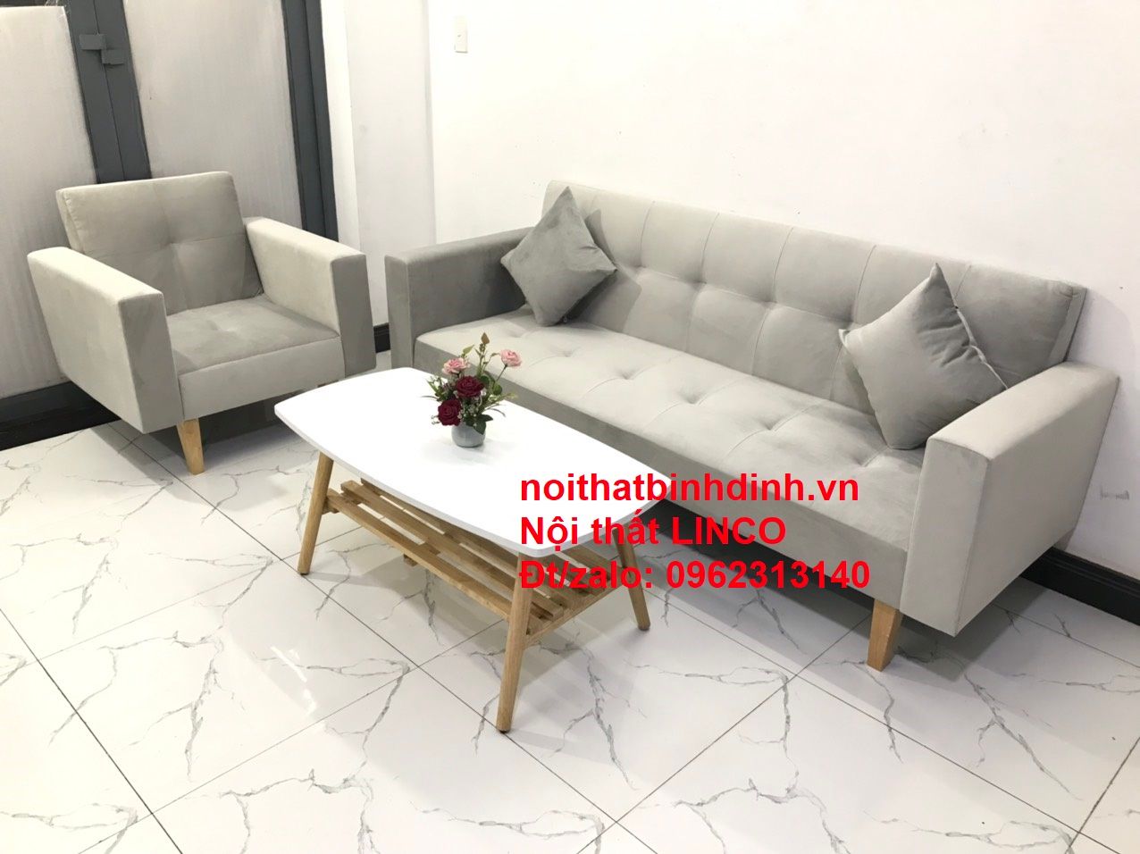 Set ghế sofa phòng khách đẹp NS02 hiện đại xám vải nhung