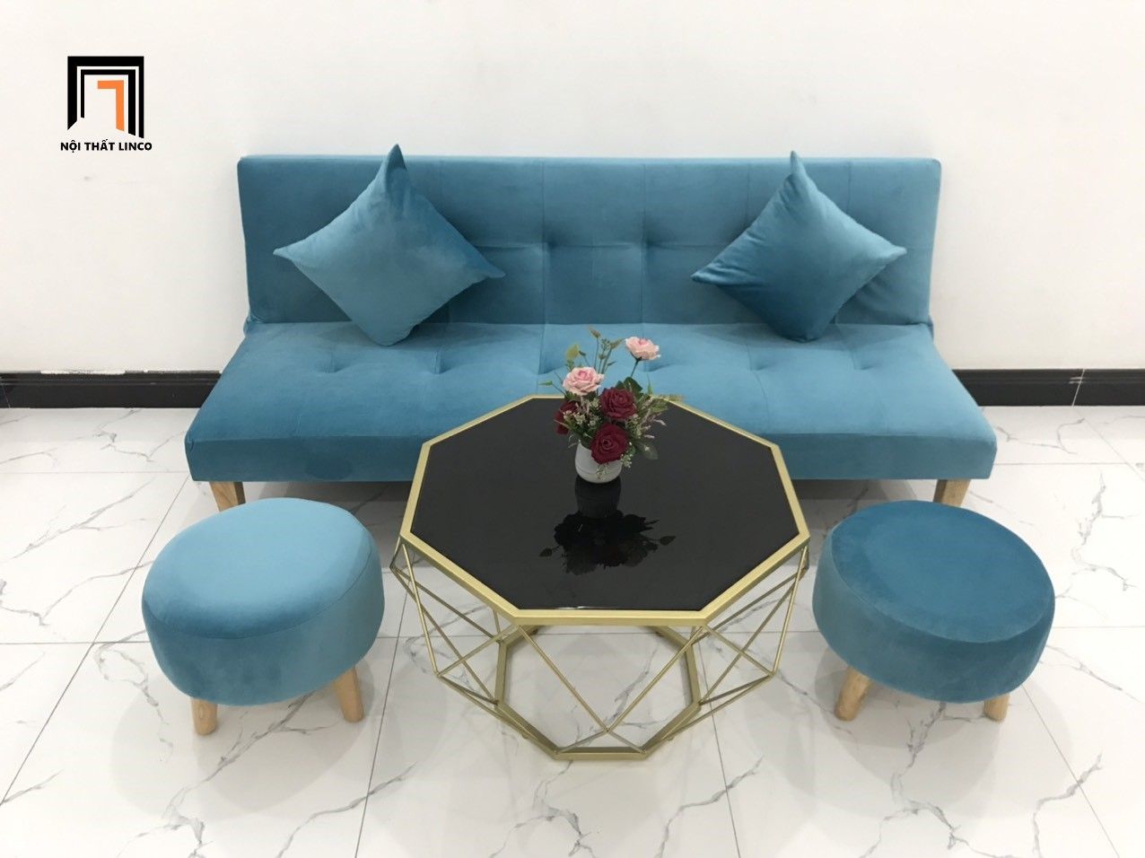 Bộ ghế sofa bed bật giường xanh dương vải nhung dài 1m72