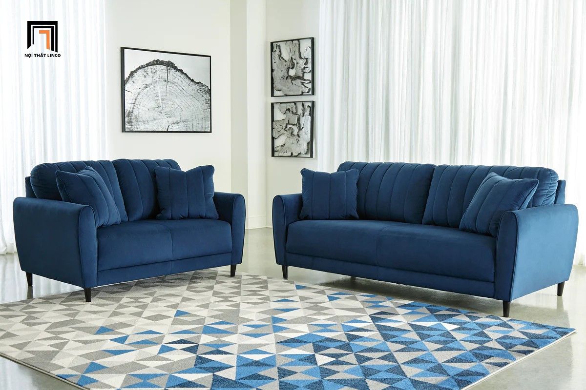 Bộ ghế sofa gia đình giá rẻ KT55 Enderline vải nhung xanh dương