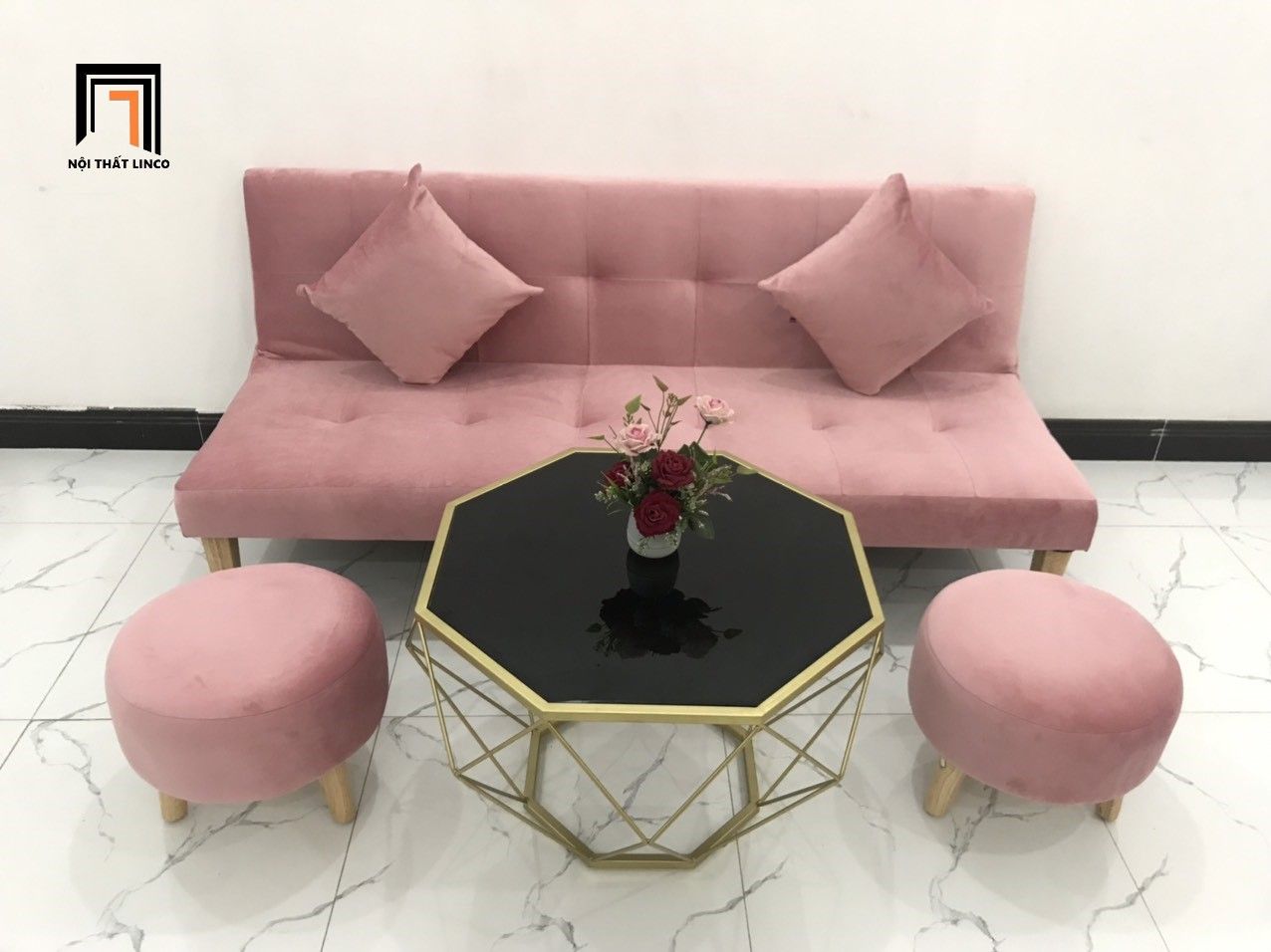Bộ ghế sofa giường hồng vải nhung dài 1m72 cho shop tiệm nhỏ