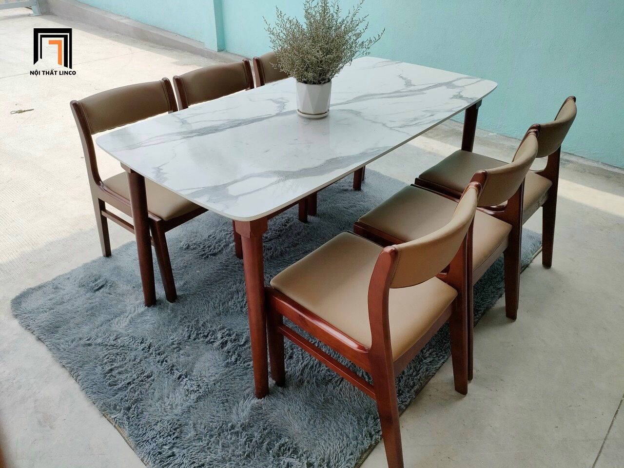 Bộ bàn ăn phòng bếp gia đình 18-KH6-G10-B110 6 ghế bọc da giả