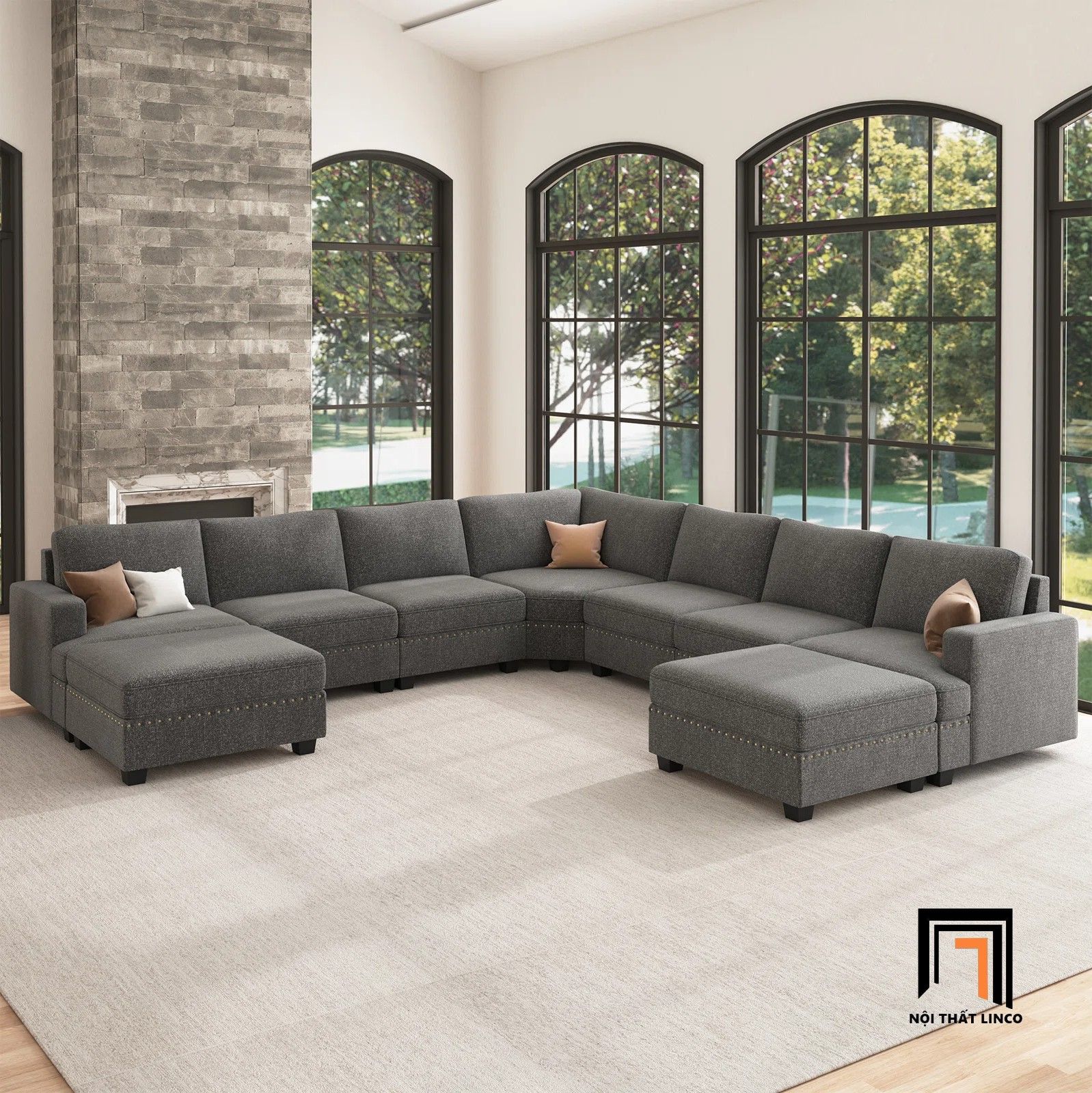 Set ghế sofa U vải nỉ màu xám UT13 Anureet cho phòng khách