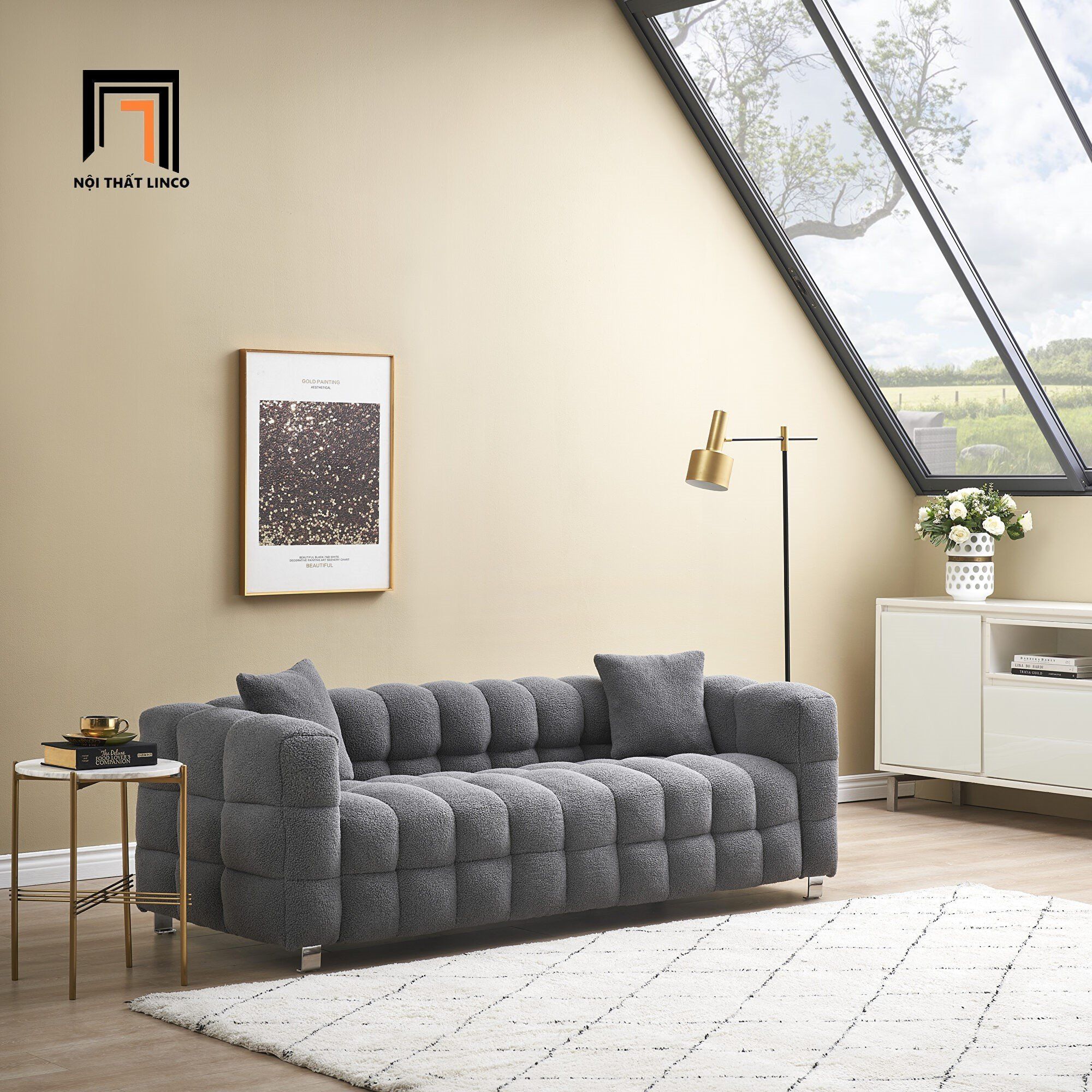Ghế sofa băng dài 2m vải lông cừu BT103 Toum cho shop tiệm