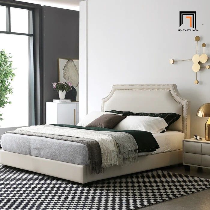 Giường ngủ bọc da Pu màu trắng GN73 Emmett đính nút cao cấp