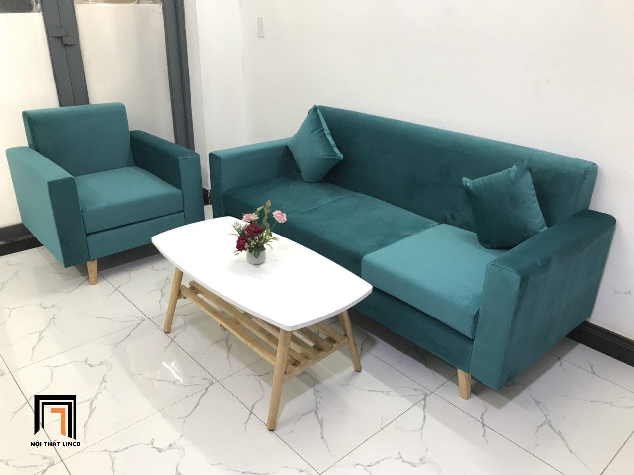 Set ghế sofa băng phòng khách NS05 xanh lá vải nhung