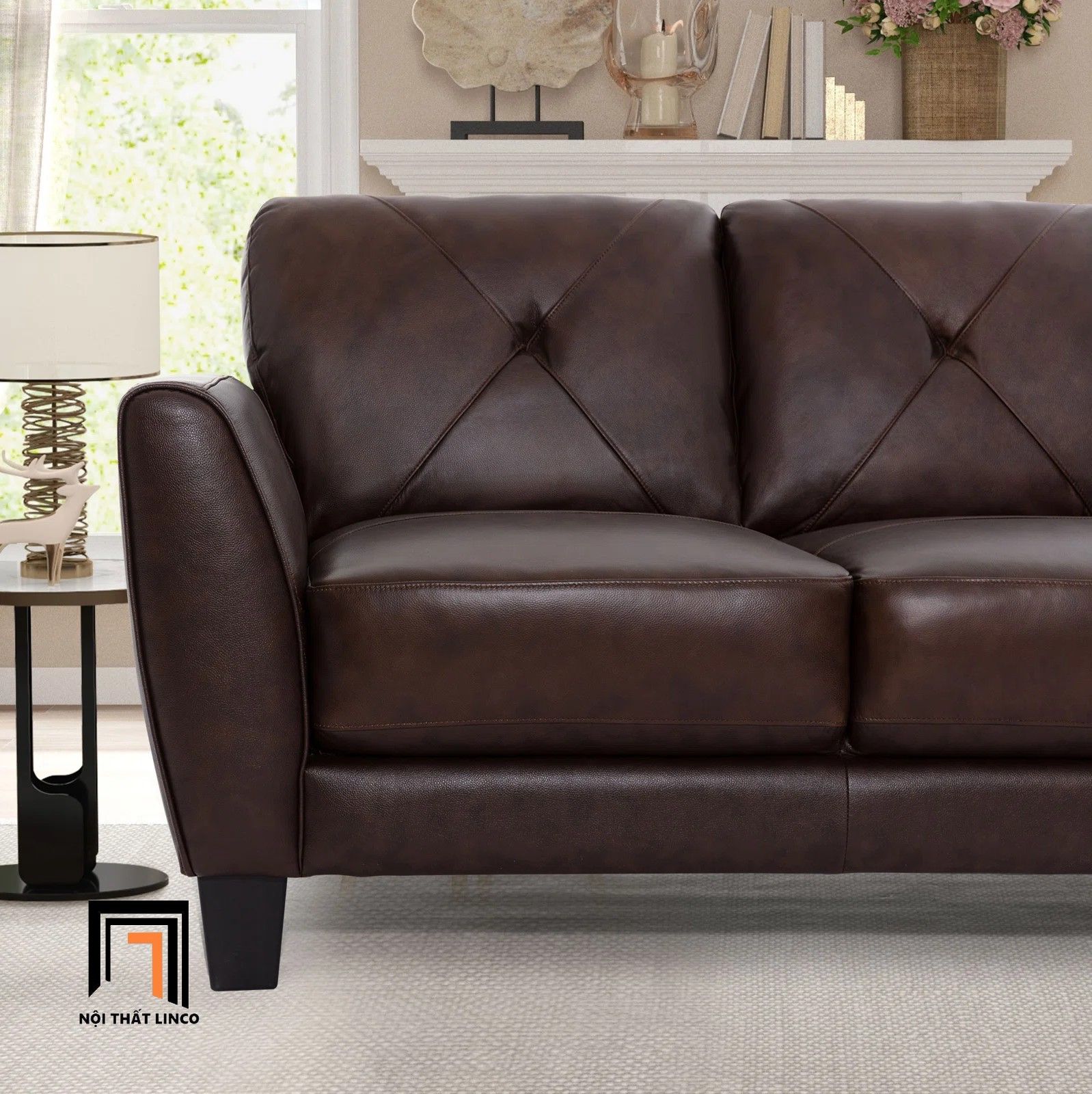 Set ghế sofa màu nâu cho gia đình KT142 Nayelys bọc da Pu đẹp