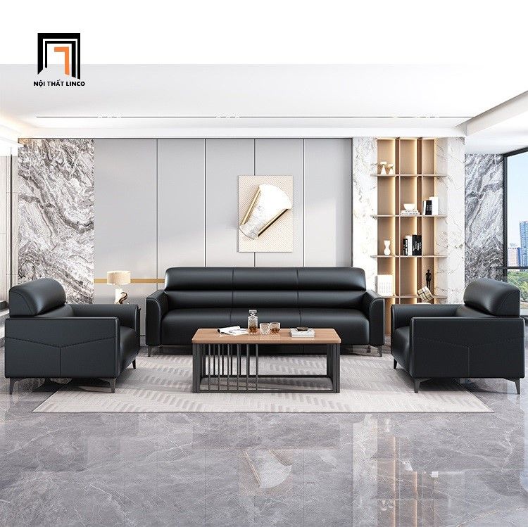Bộ ghế sofa văn phòng làm việc KT163 Trawen bọc da giả đen