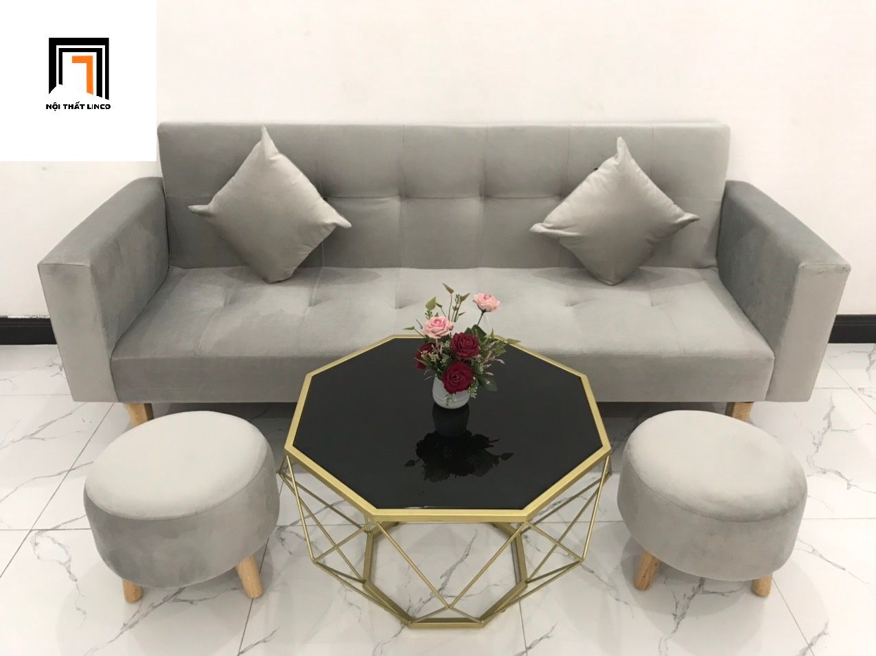 Bộ ghế sofa giá rẻ thông minh BTV 2m xám tro vải nhung
