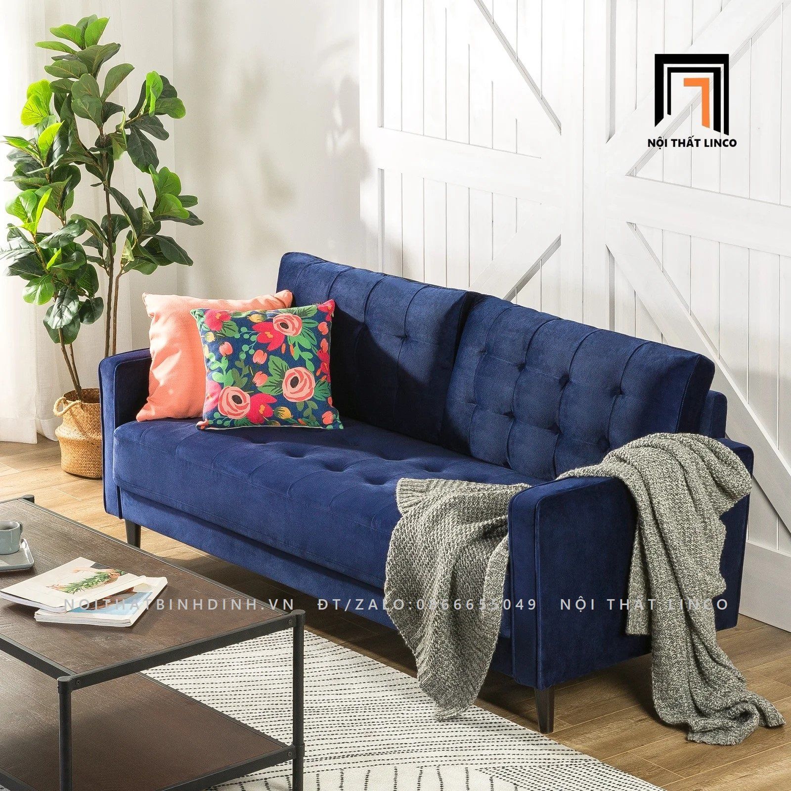 Ghế sofa băng dài 1m9 BT28 Rosenow màu xanh đen vải nhung