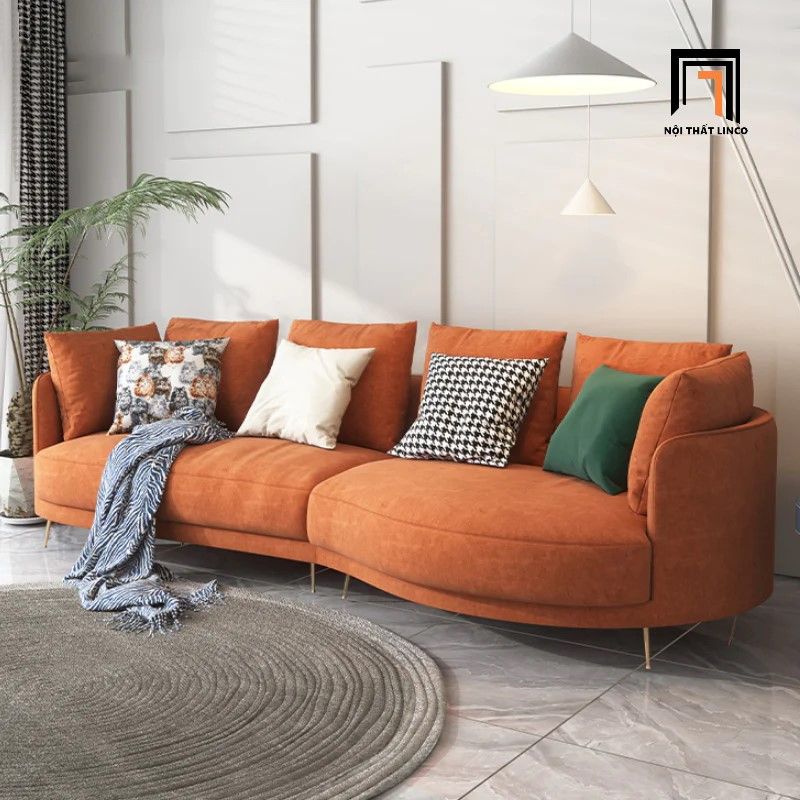 Sofa băng cong trang trí shop tiệm BT251 Shelby 2m6 vải nỉ cam