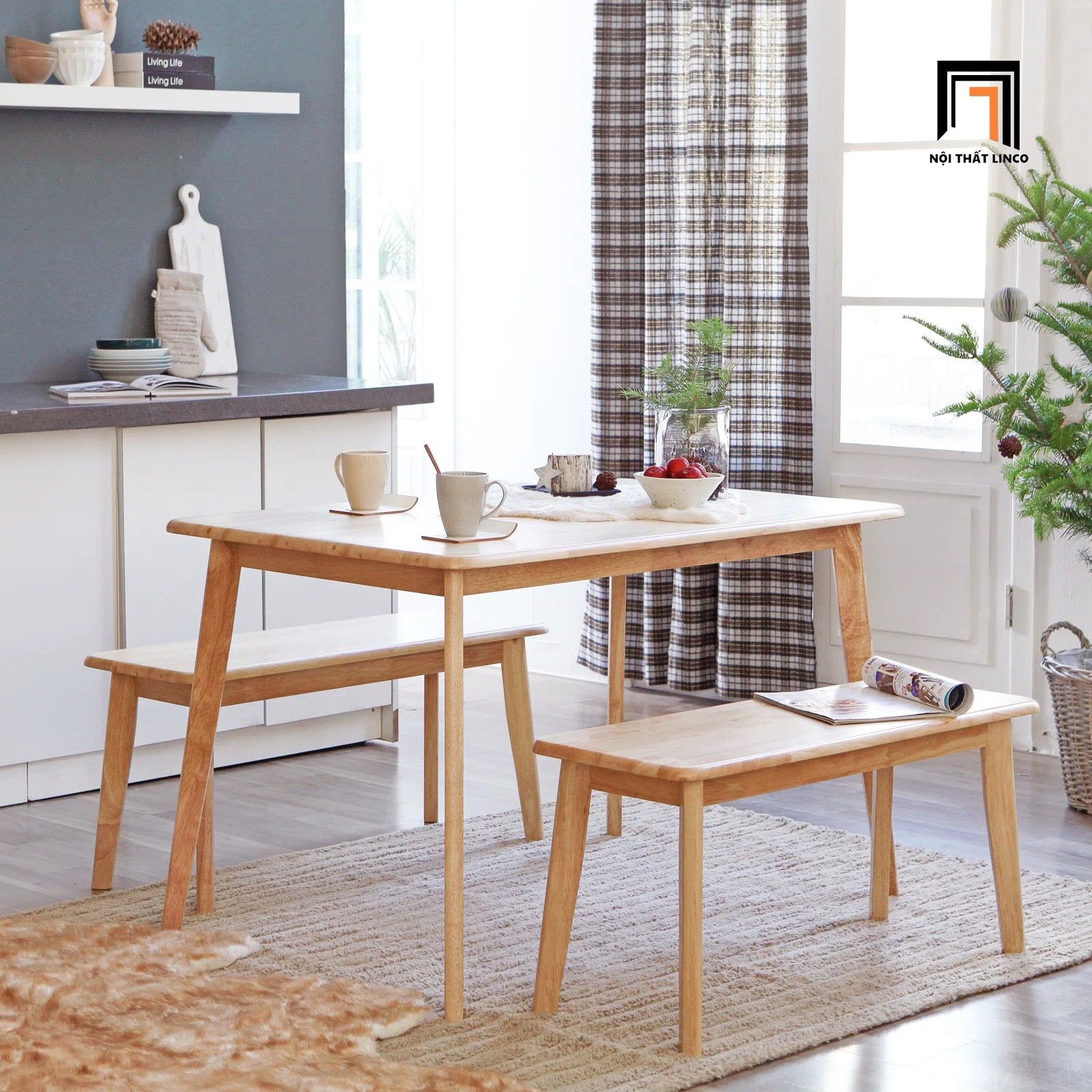 Set bàn ăn gia đình 2 ghế bench 43-KH4-G105-B108 gỗ cao su