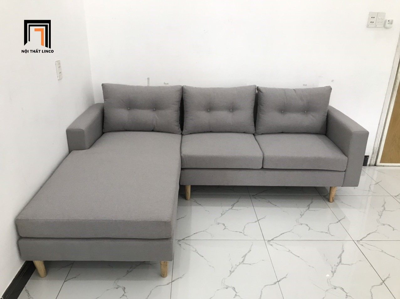 Bộ ghế sofa góc 2m2 x 1m6 màu xám trắng vải bố