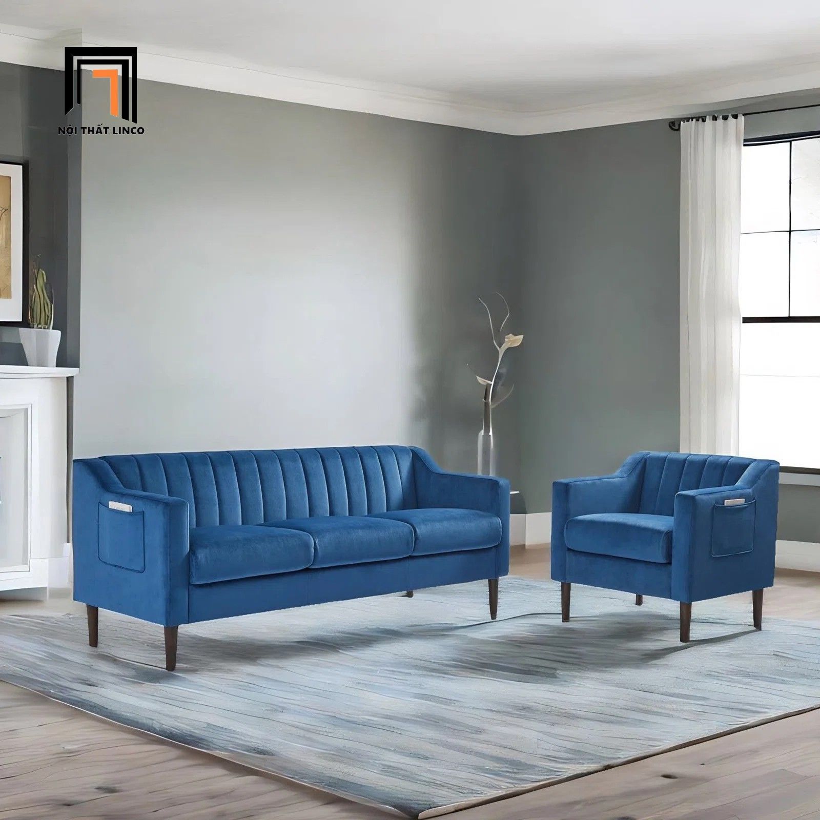 Bộ ghế sofa gia đình vải nhung xanh lá KT131 Perrytown giá rẻ