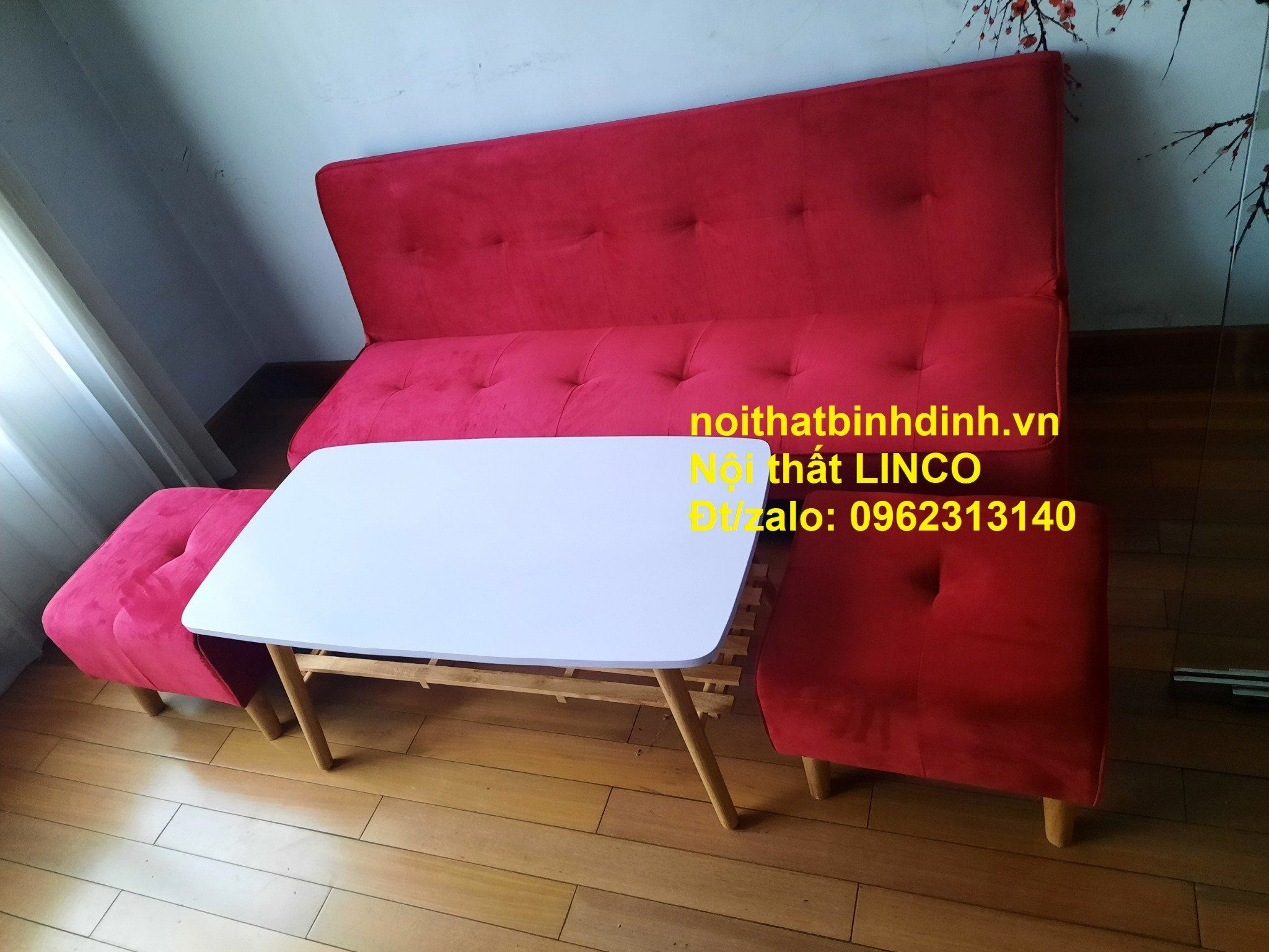Bộ bàn ghế sofa giường đỏ đô vải nhung mềm dài 1m72