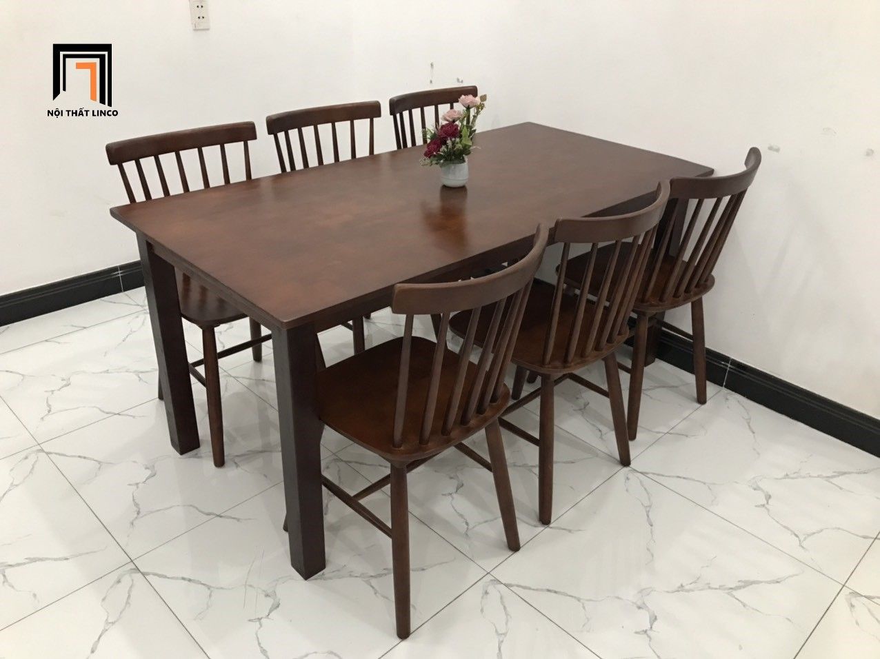Set bàn ăn ghế gỗ nhà bếp 6-KH6-G18-B108-naugo màu nâu đậm