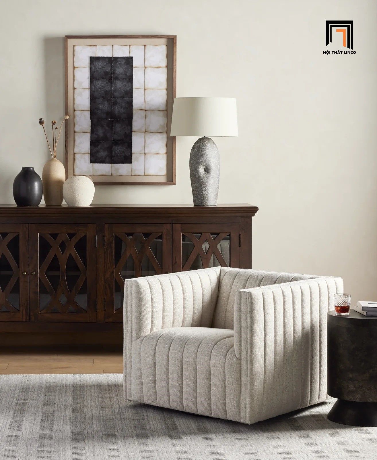 Ghế sofa đơn xinh xắn trang trí DT35 Brant vải nỉ trắng kem