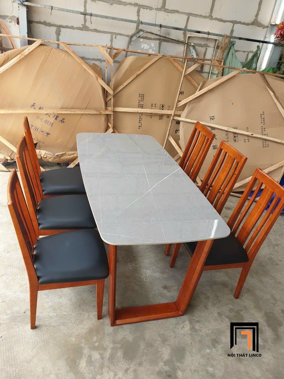 Bộ bàn ăn 6 ghế gia đình GF7-BAD6-G305-B355 mặt đá trắng