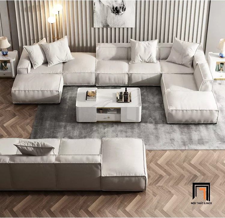 Bộ ghế sofa góc U xám trắng GT19 Kedu cho phòng khách hiện đại