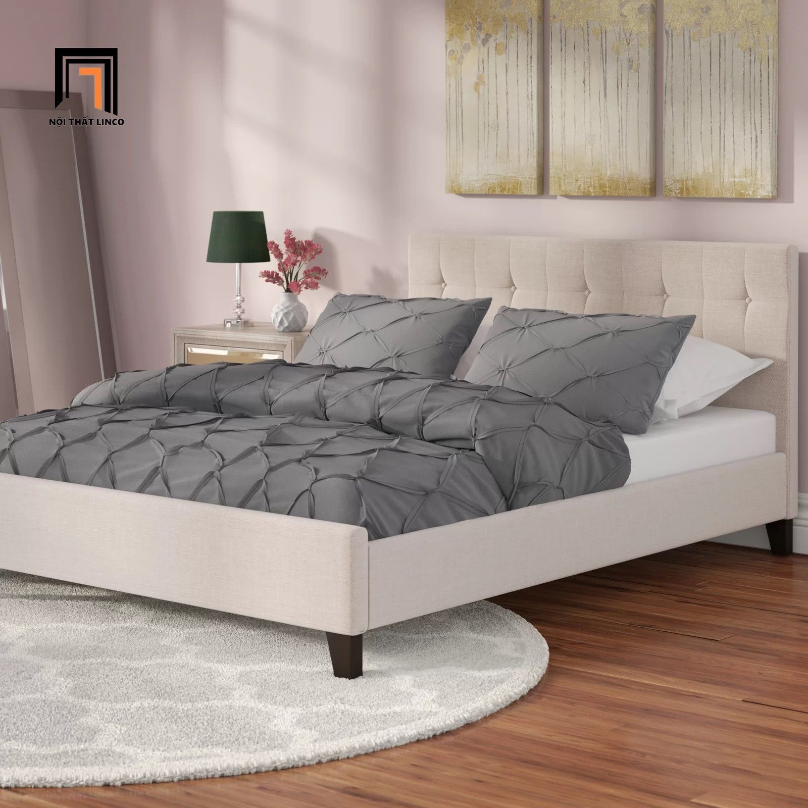 Giường ngủ xinh xắn 1m6 x 2m GN4 Mork vải nhung trắng kem