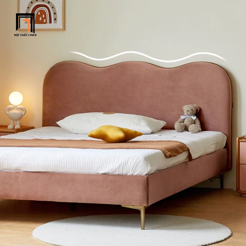 Giường ngủ màu hồng vải nỉ nhung GN37 Deva bọc nệm giá rẻ