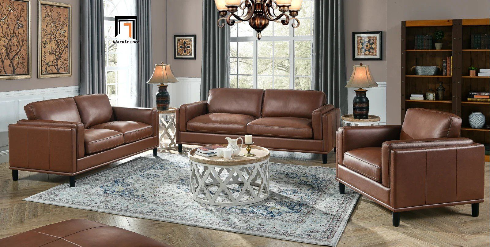 Bộ ghế sofa phòng khách cao cấp KT35 Kassy da Pu vàng nâu