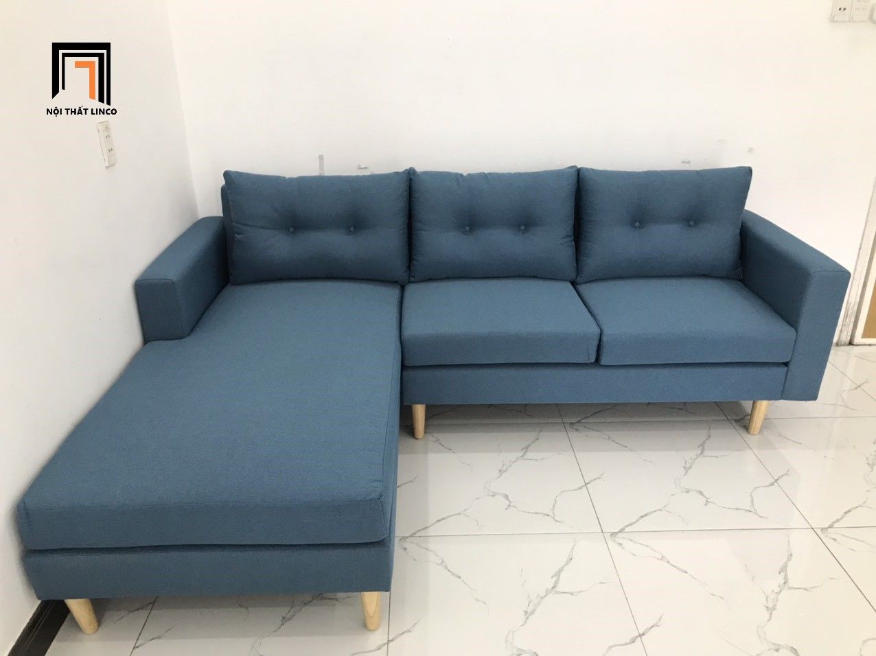 Bộ bàn ghế sofa góc 2m2 x 1m6 màu xanh dương nhỏ gọn