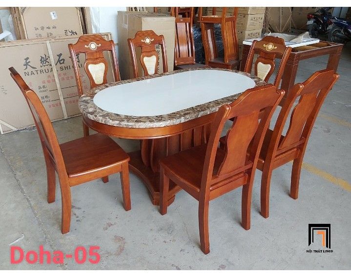 Bộ bàn ăn mặt đá hình oval 1m6 GF22-BAD6-G317-B358 6 chỗ