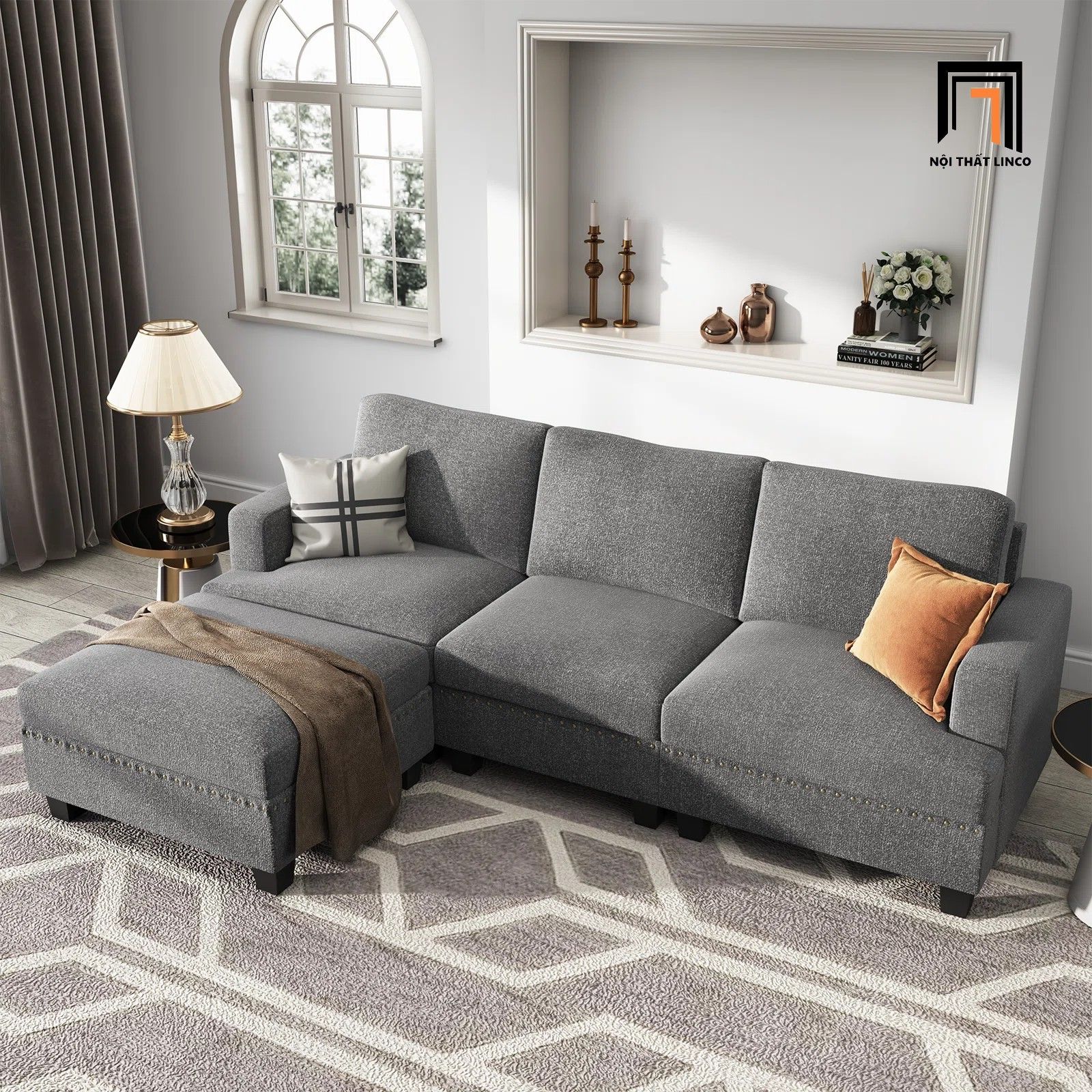 Bộ ghế sofa sang trọng BT186 Nolany 2m1 kèm đôn vuông 60cm