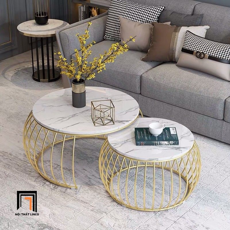 Cặp bàn sofa mặt đá tròn BSF81 Lunn khung sắt lồng chim đẹp