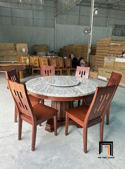 Combo bàn ăn tròn 6 ghế cao cấp GF2-BAD6-G302-B351 mặt đá