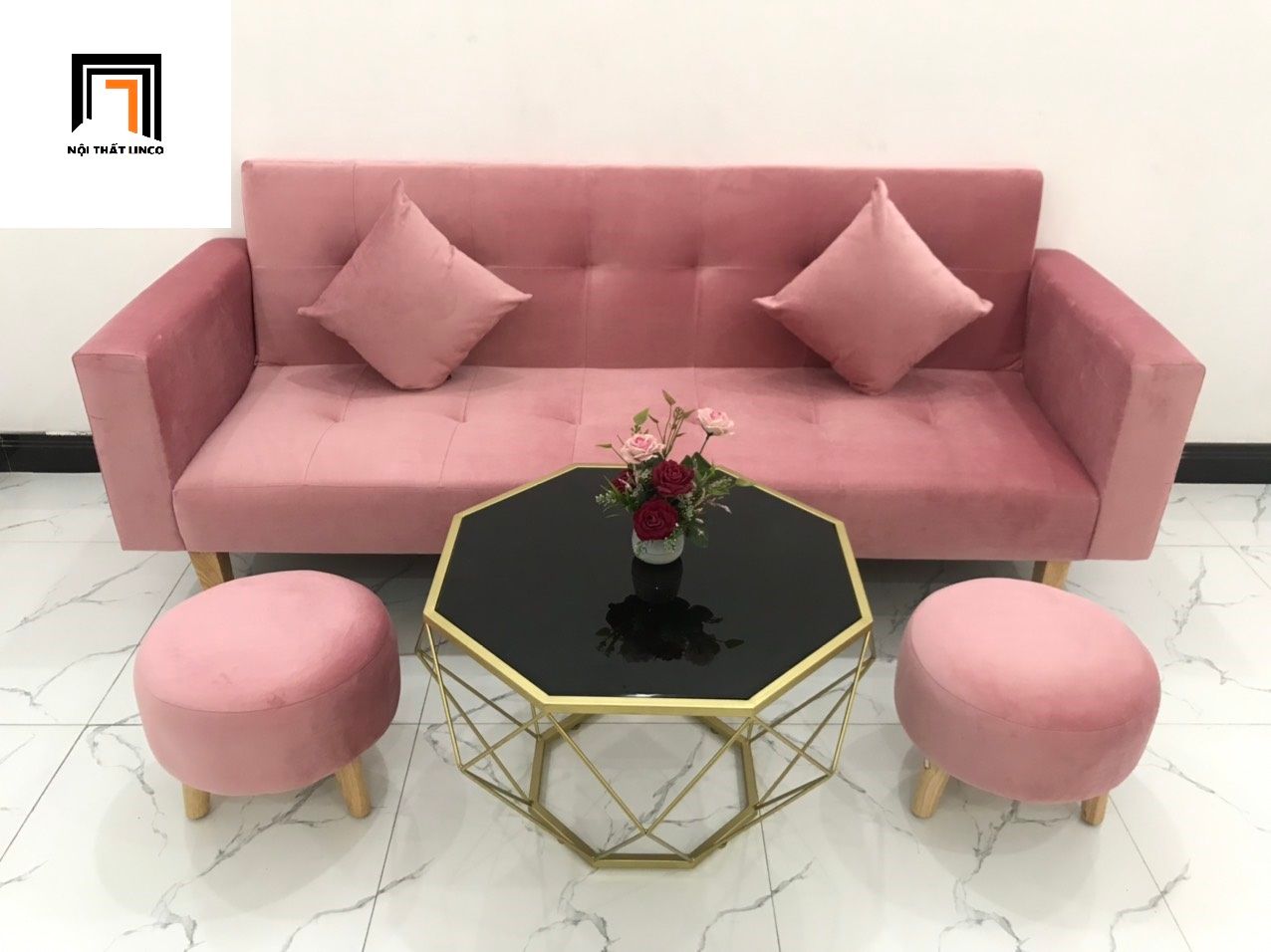 Bộ bàn ghế sofa giường nhỏ 2m BTV màu hồng phấn vải nhung
