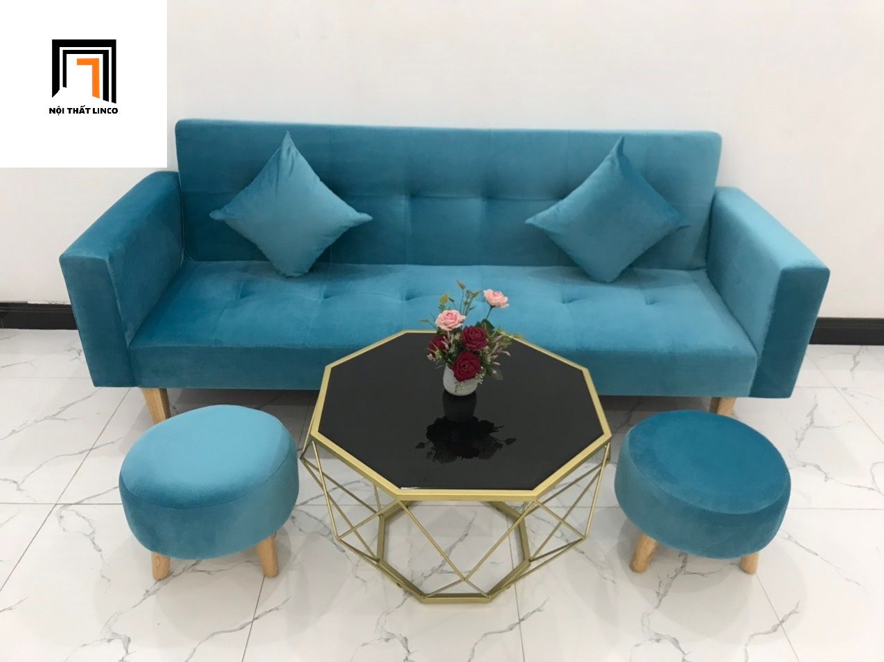 Bộ ghế sofa giường xanh dương vải nhung BTV 2m giá rẻ