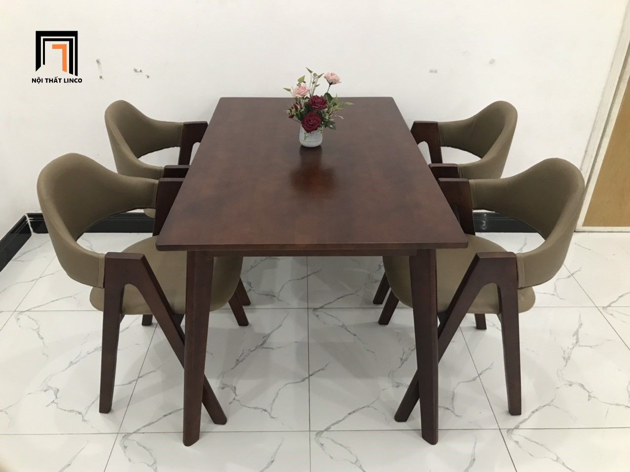 Bộ bàn ghế ăn màu nâu đậm 6-KH4-G5-B107-nausi bọc da giả Pu
