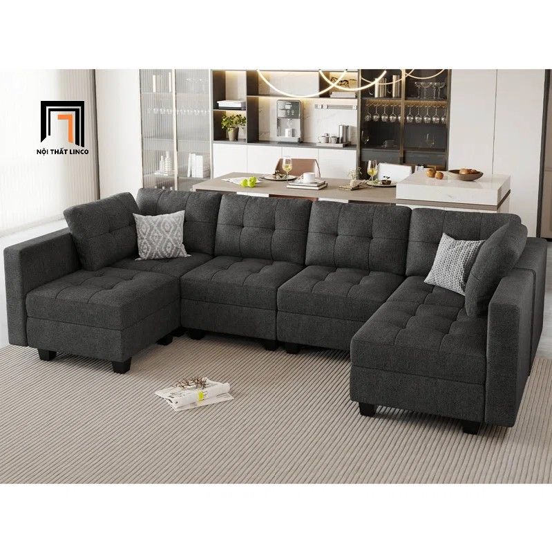 Bộ ghế sofa U vải nỉ xám trắng UT12 Teangela dài 3m gia đình