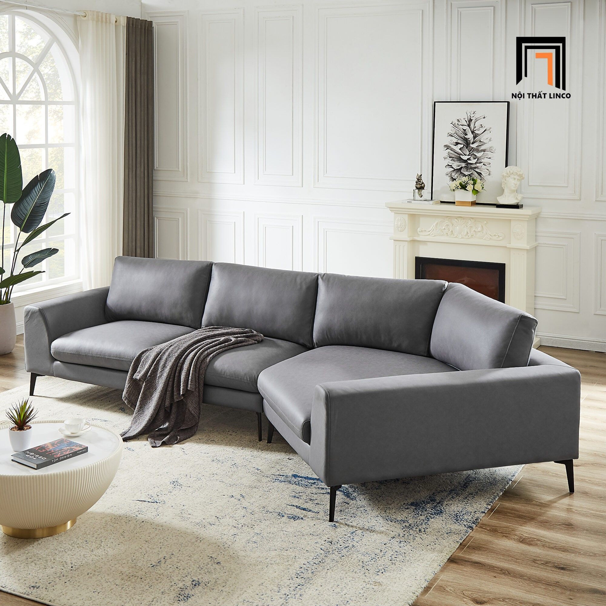 Bộ ghế sofa góc L GT71 Klema 2m8 x 1m4 da công nghiệp xám đen