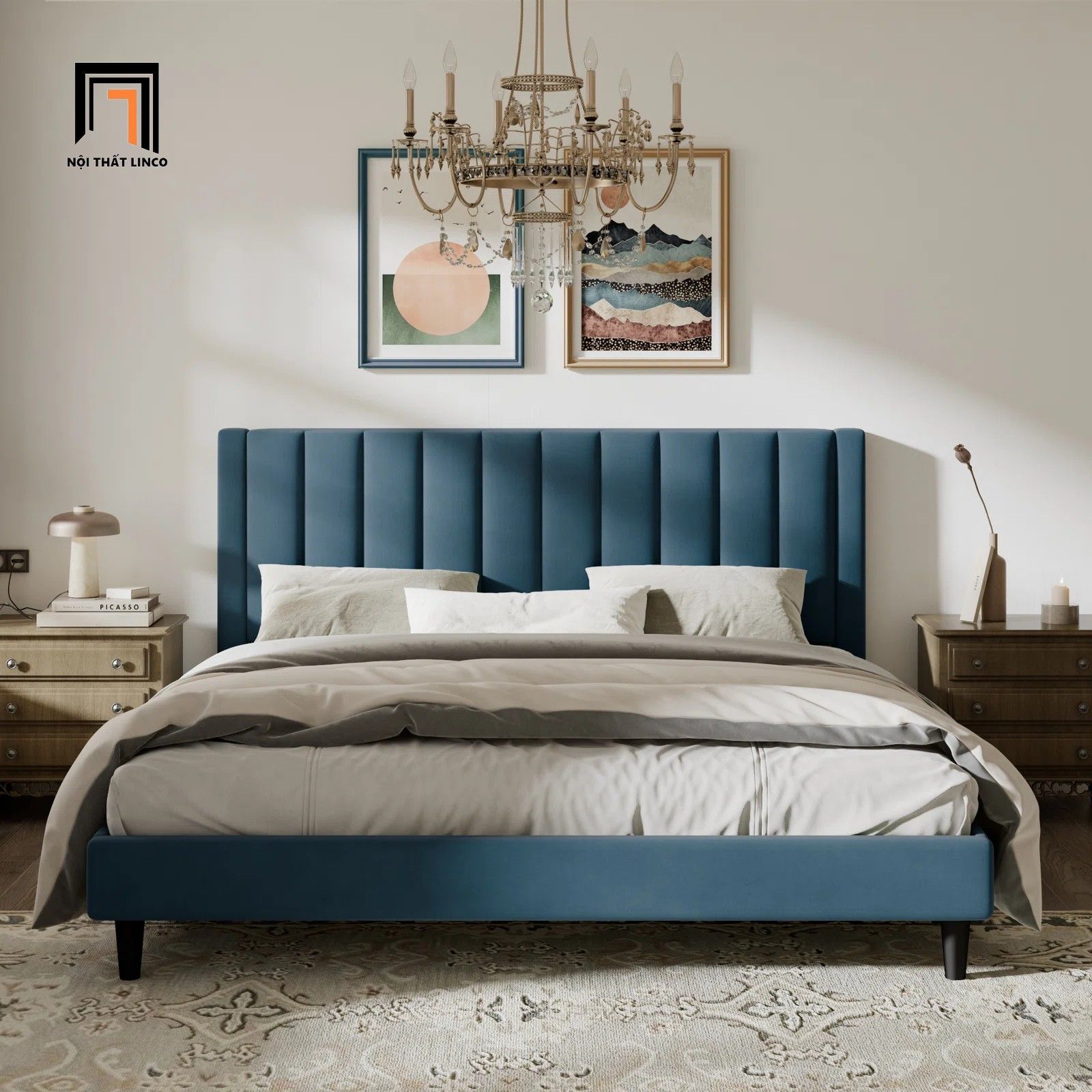 Giường ngủ vải nỉ nhung đẹp GN21 Will đầu giường chia múi