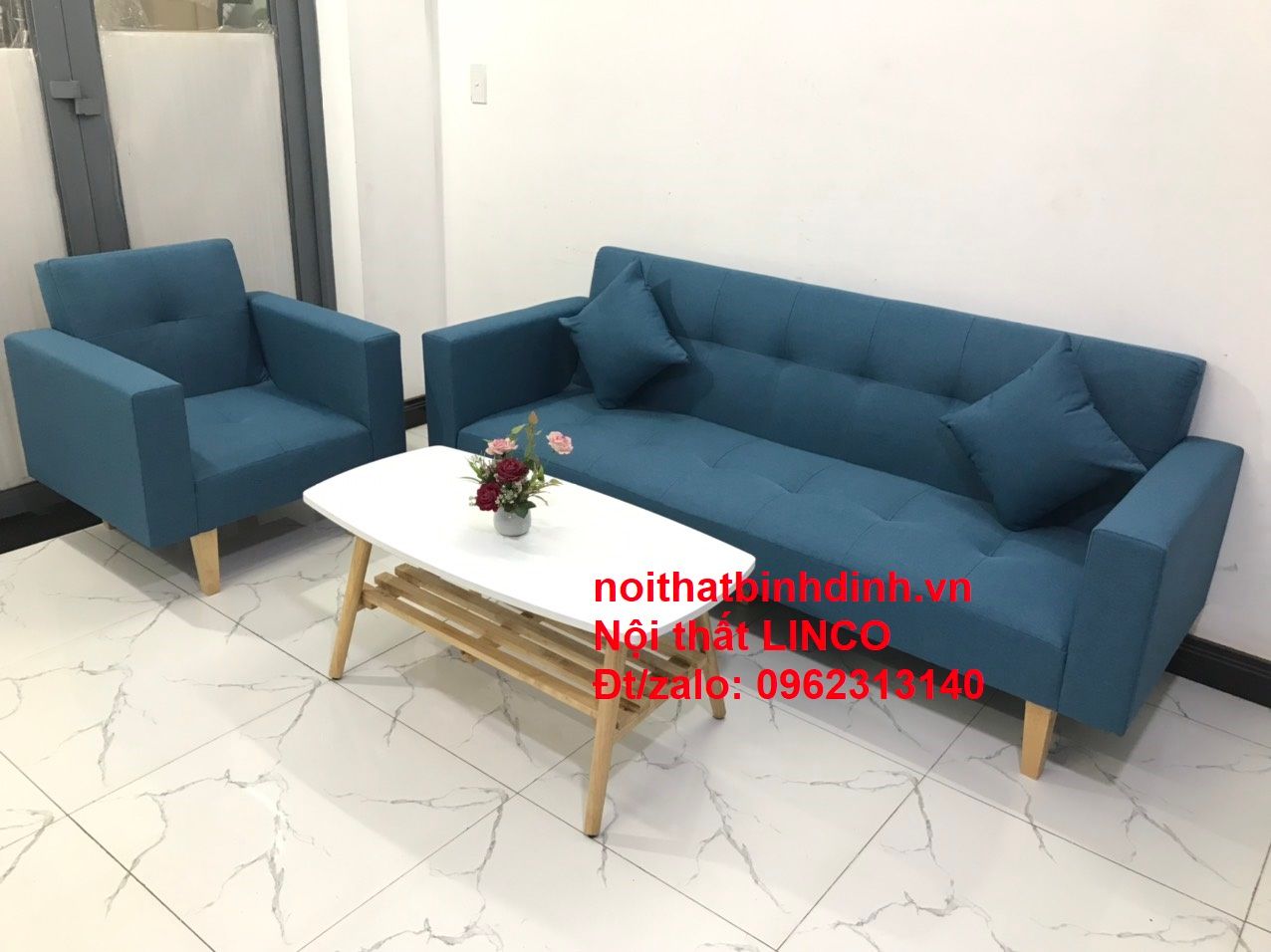 Set ghế sofa phòng khách xanh dương NS02 giá rẻ bọc vải bố
