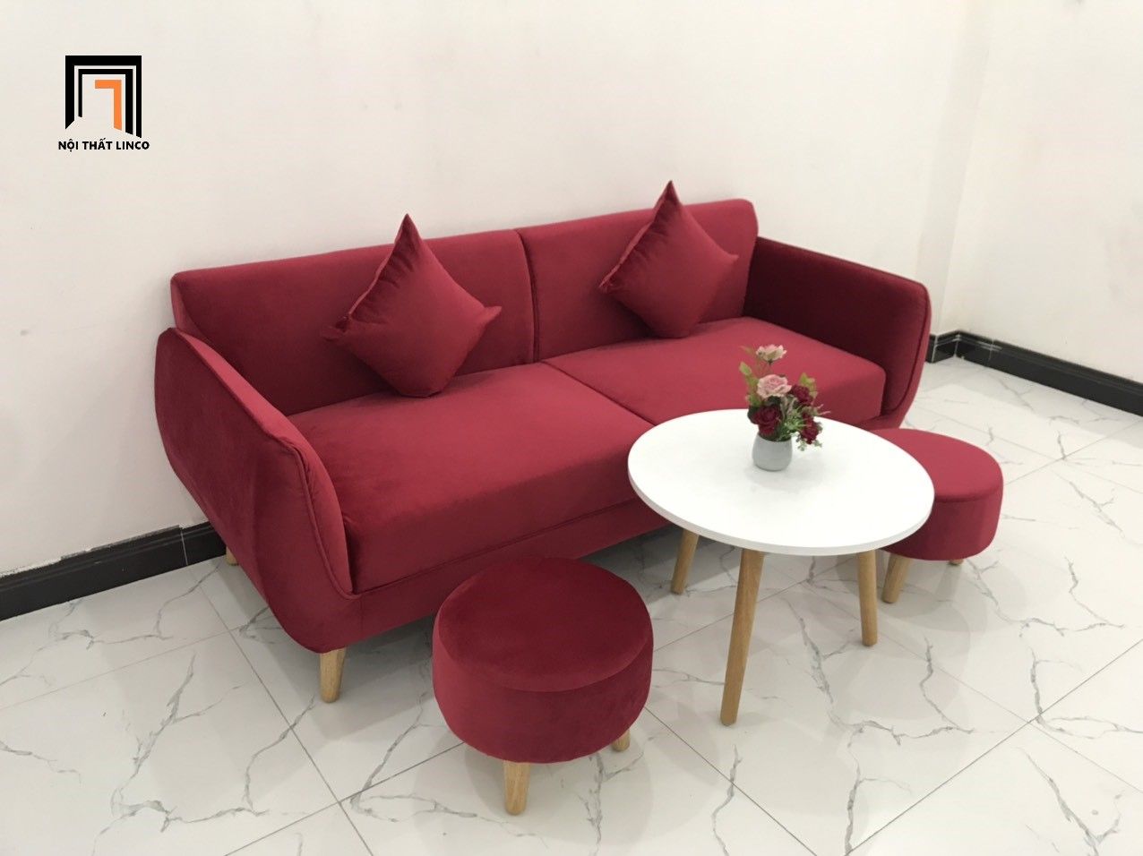 Ghế sofa băng BB dài 1m9 phòng khách đỏ đô vải nhung