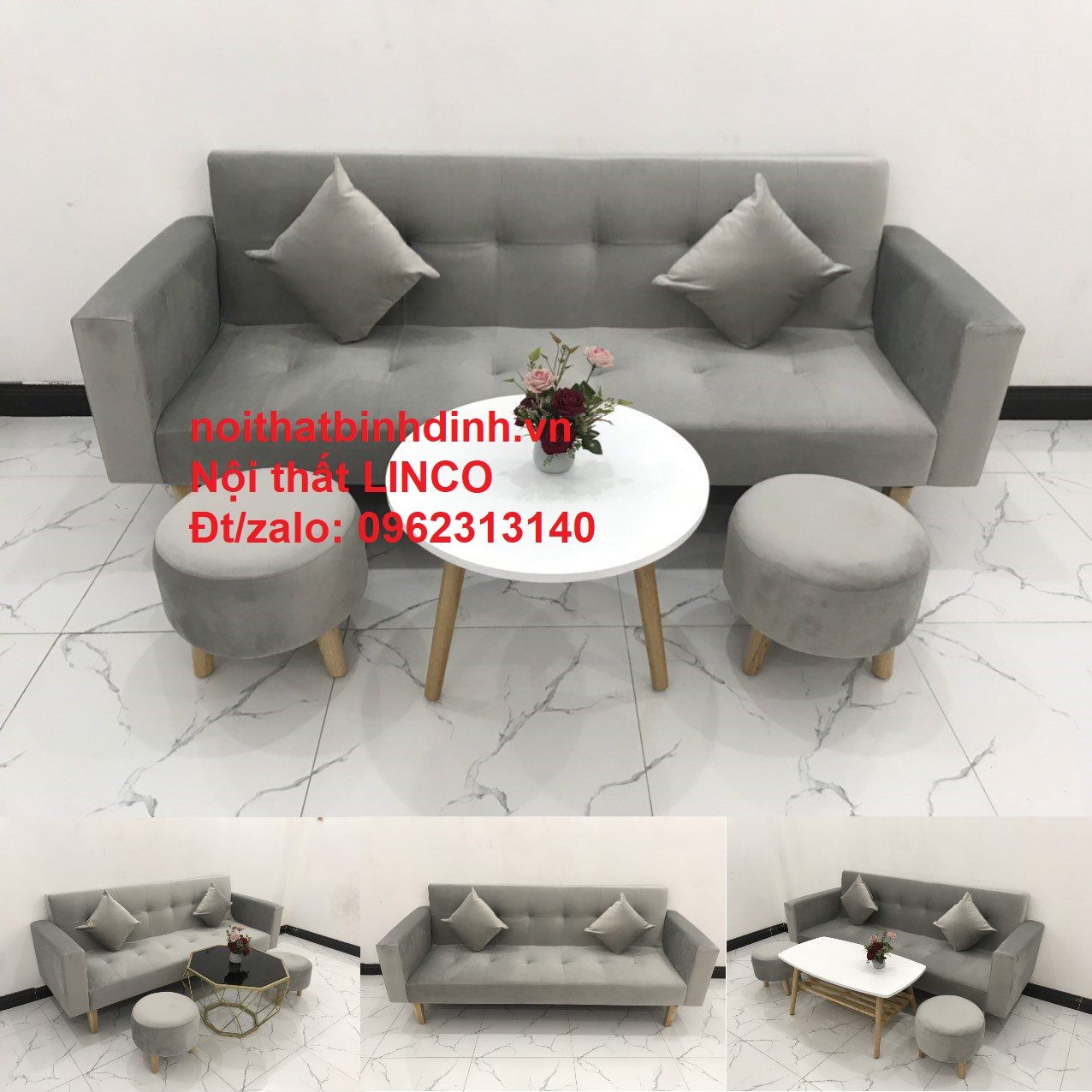 Bộ ghế sofa giá rẻ thông minh BTV 2m xám tro vải nhung
