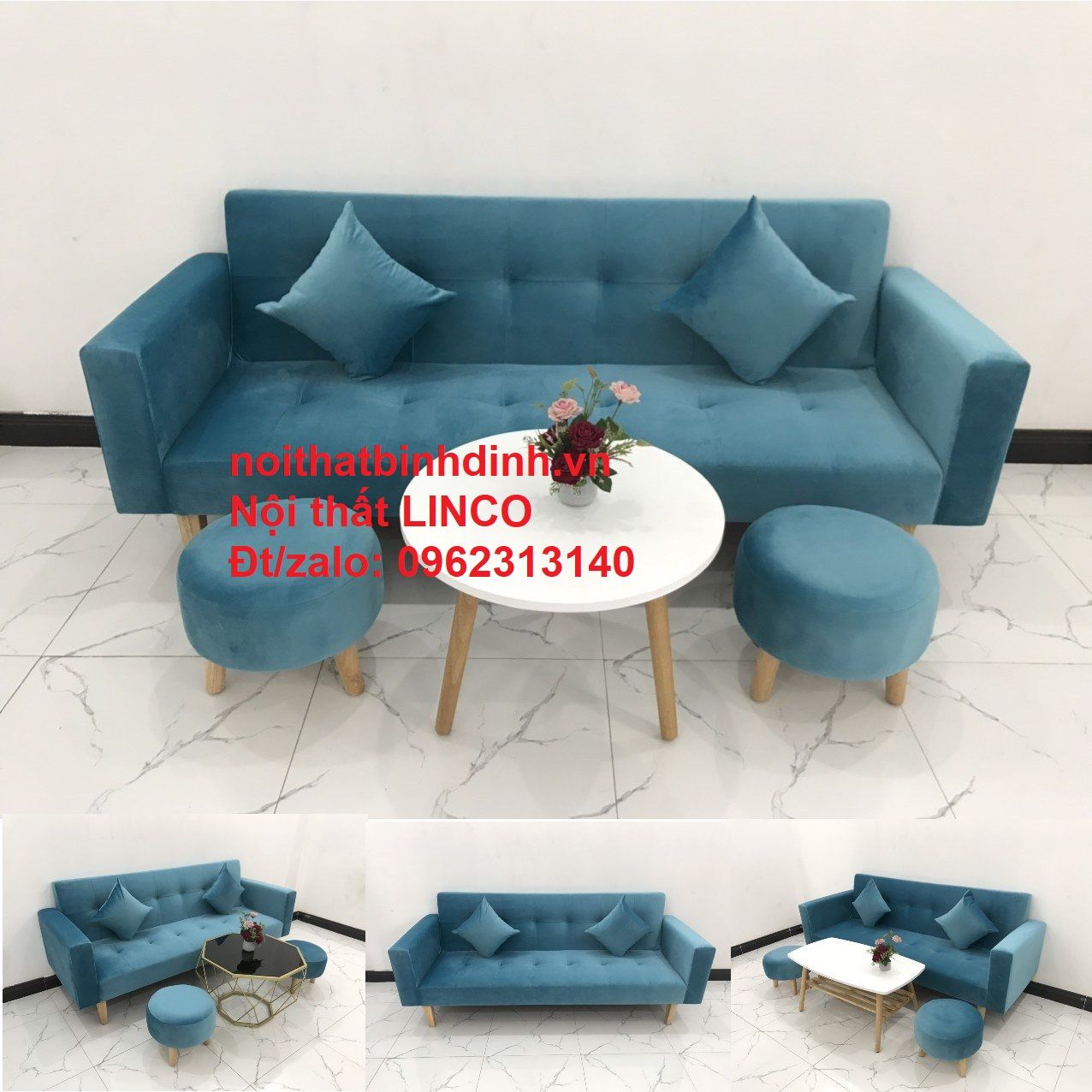 Bộ ghế sofa giường xanh dương vải nhung BTV 2m giá rẻ
