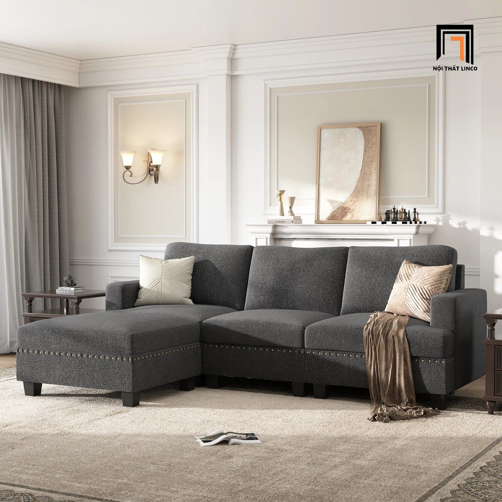 Bộ ghế sofa sang trọng BT186 Nolany 2m1 kèm đôn vuông 60cm
