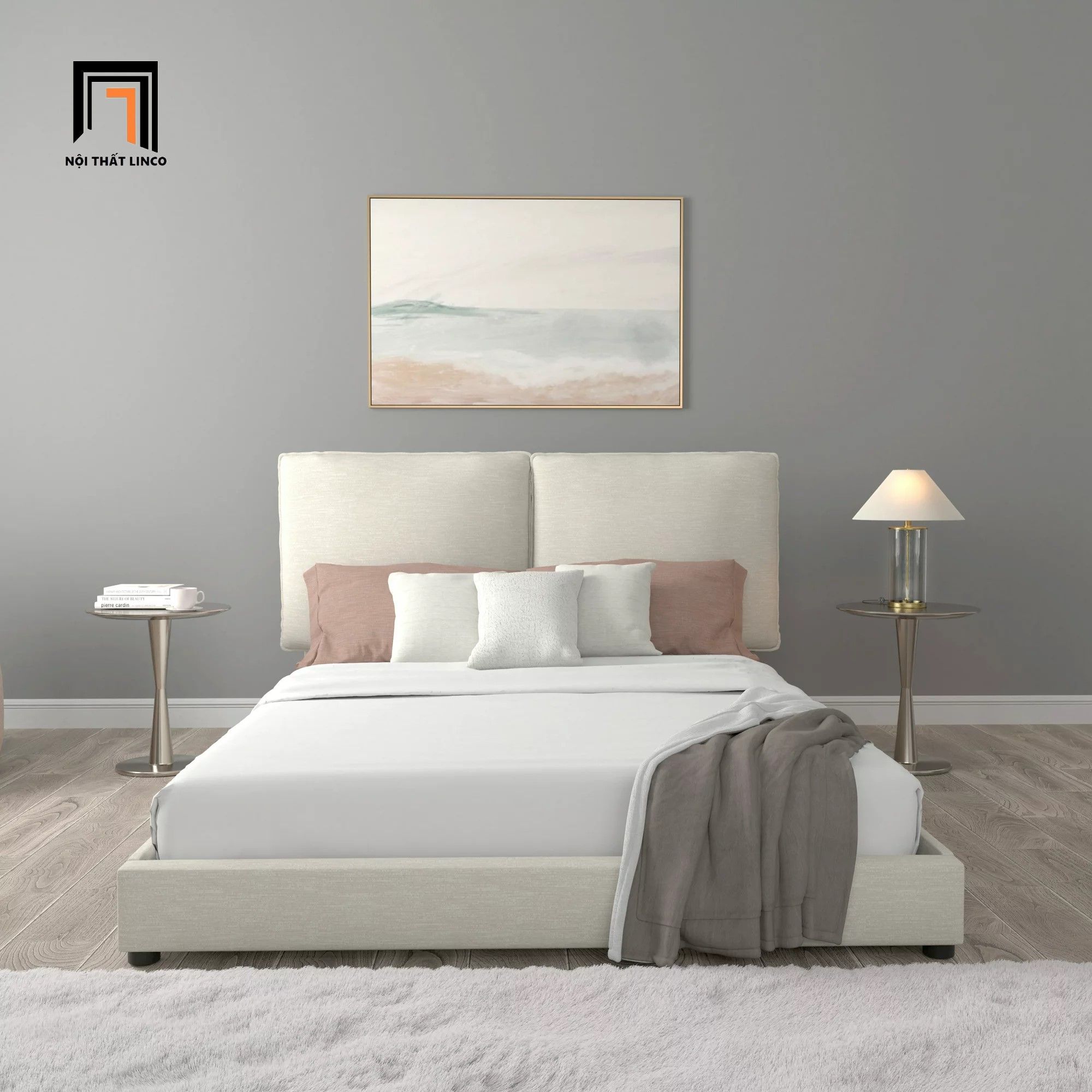 Giường ngủ vải nỉ trắng kem GN7 Arden 1m6 x 2m phòng ngủ