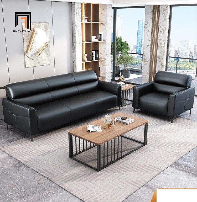 Bộ ghế sofa văn phòng làm việc KT163 Trawen bọc da giả đen